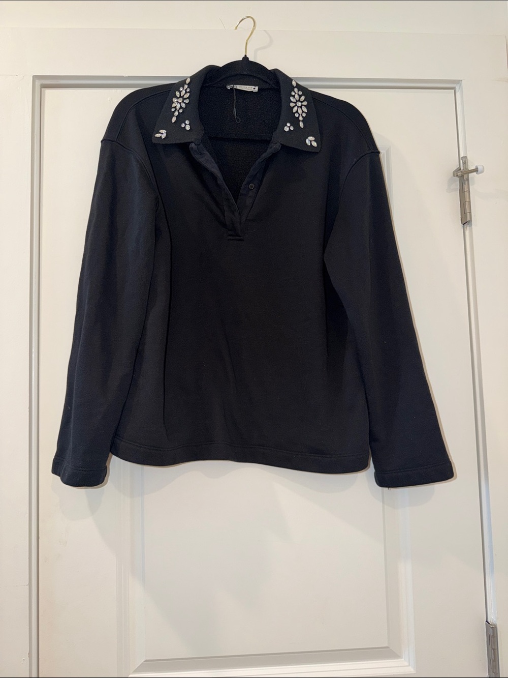 Zara Black Long-Sleeve Polo Sweatshirt with Jewel Collar